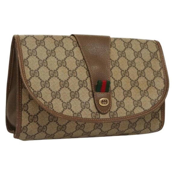 GUCCI GG Supreme Web Sherry Line Clutch Bag PVC Beige Gold 89 01 030 Auth 133336 - Picture 1 of 16
